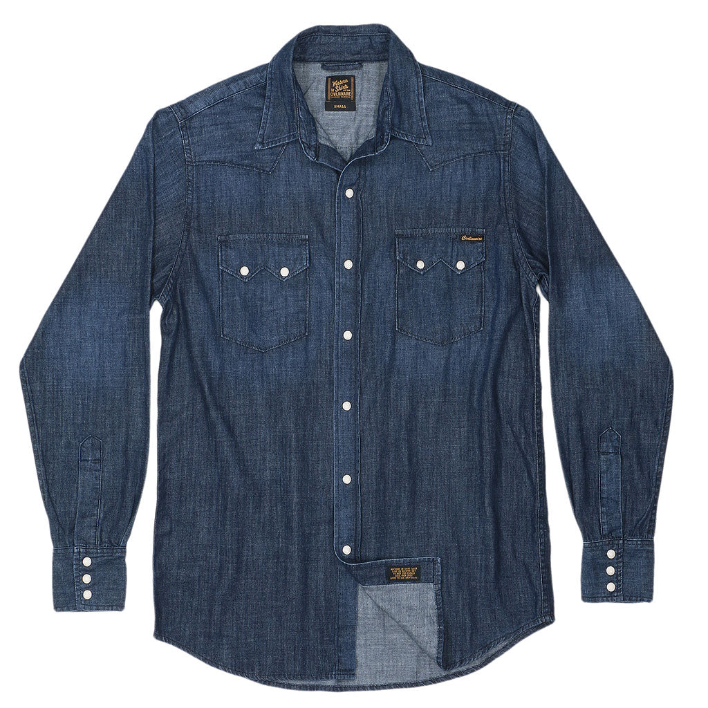 Long Sleeve Sawtooth Pocket 6.5 Denim Western Shirt Navy Stitching - Dark Stone Wash #SF022