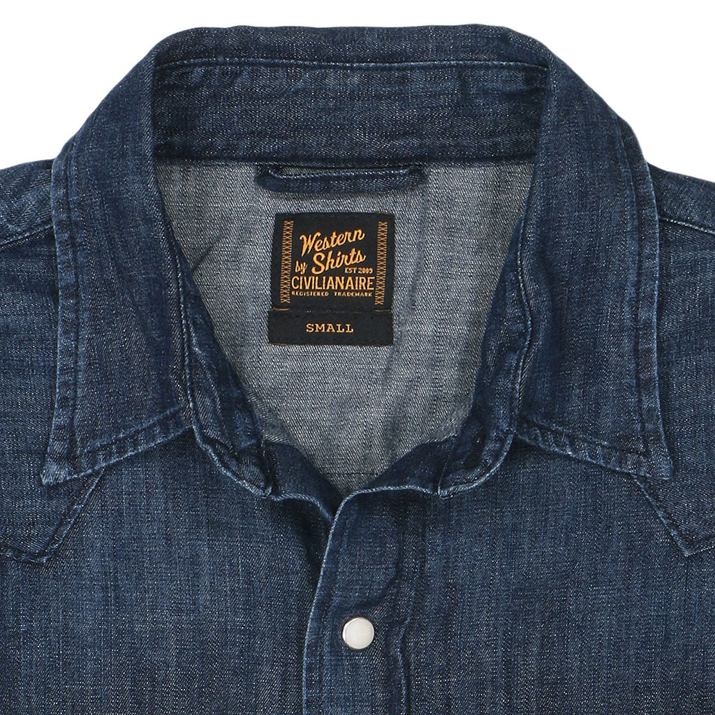 Long Sleeve Sawtooth Pocket 6.5 Denim Western Shirt Navy Stitching - Dark Stone Wash #SF022