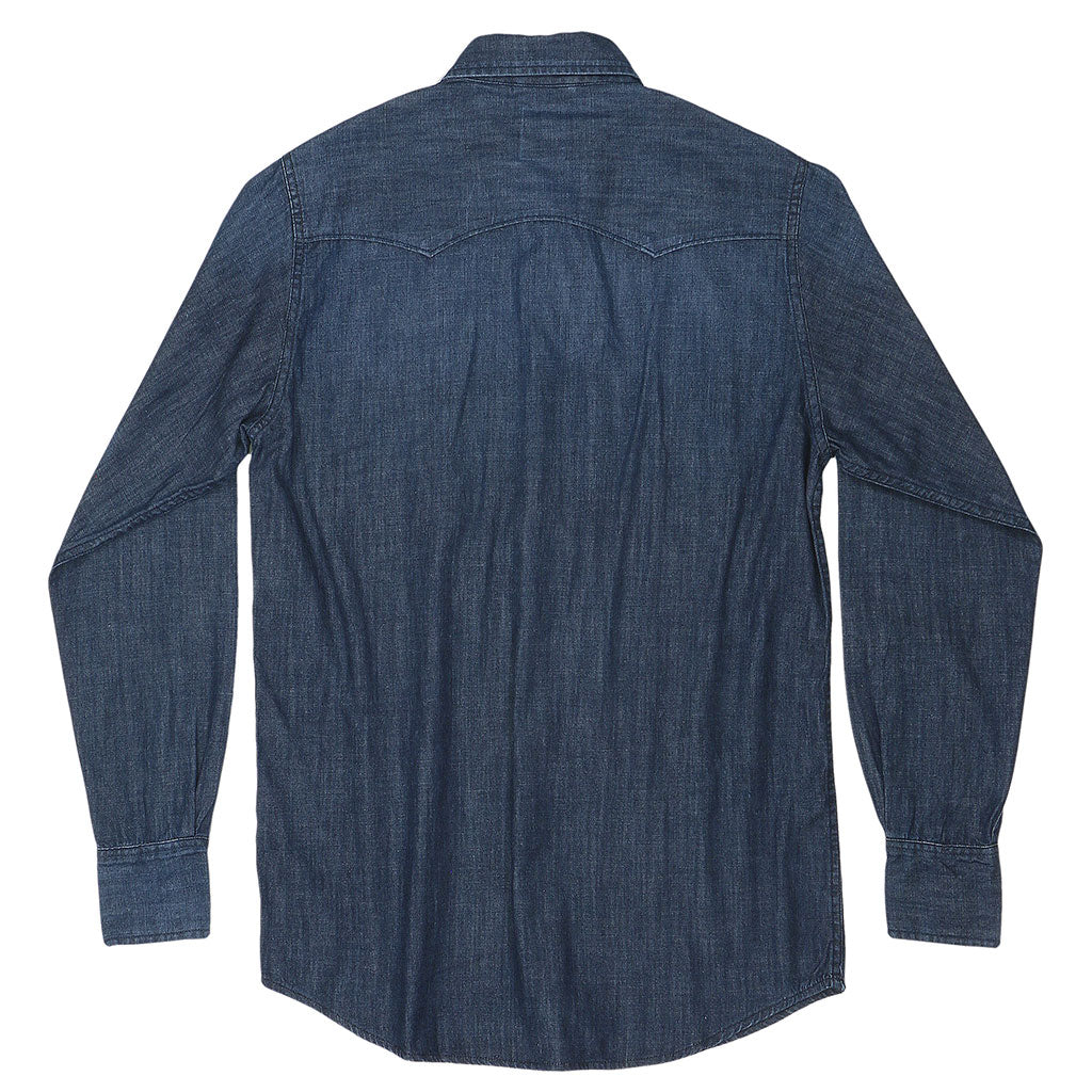 Long Sleeve Sawtooth Pocket 6.5 Denim Western Shirt Navy Stitching - Dark Stone Wash #SF022