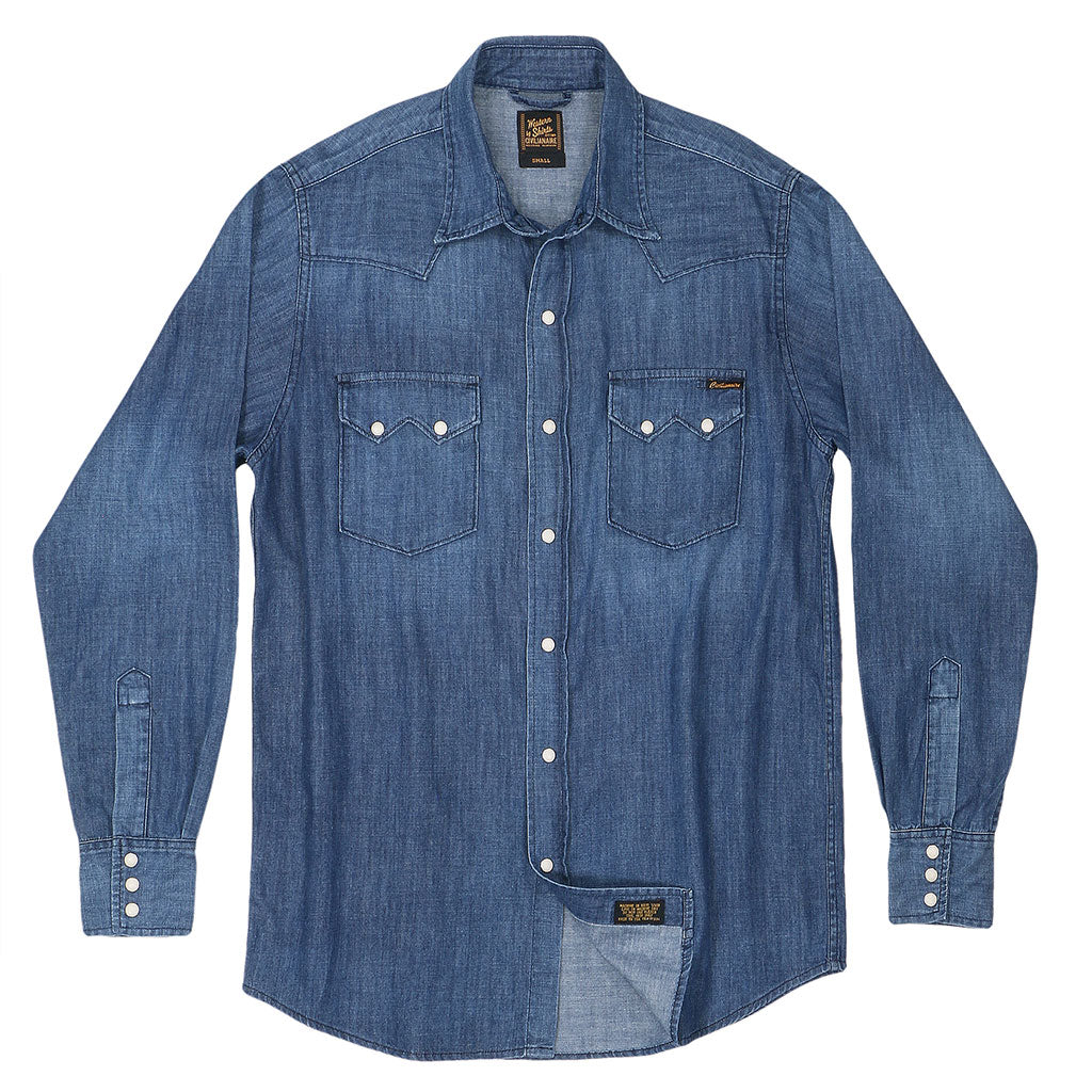 Long Sleeve Sawtooth Pocket 6.5 Denim Western Shirt Navy Stitching - Medium Stone Wash #SF023