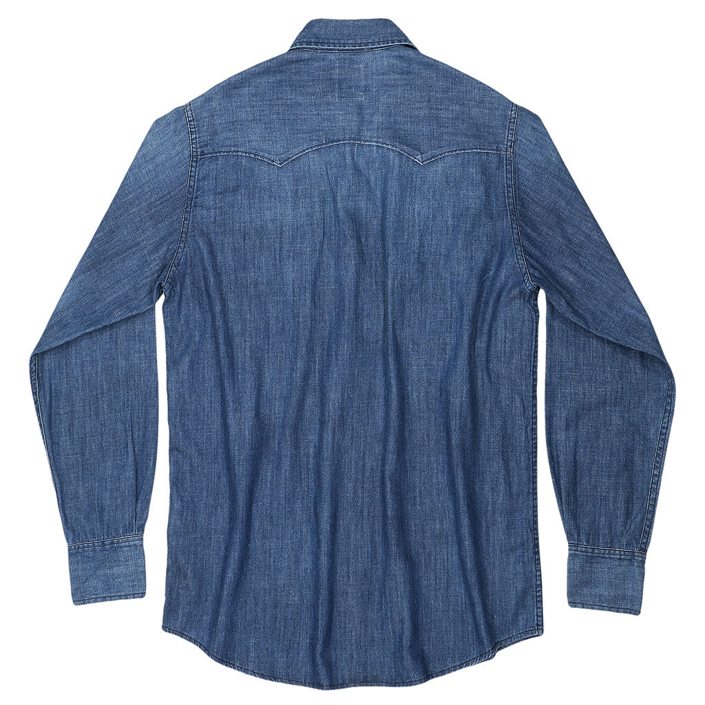 Long Sleeve Sawtooth Pocket 6.5 Denim Western Shirt Navy Stitching - Medium Stone Wash #SF023