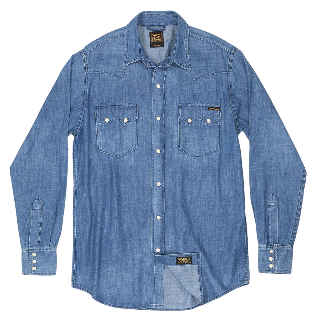 Long Sleeve Sawtooth Pocket 6.5 Denim Western Shirt Navy Stitching - Light Stone Wash #SF024