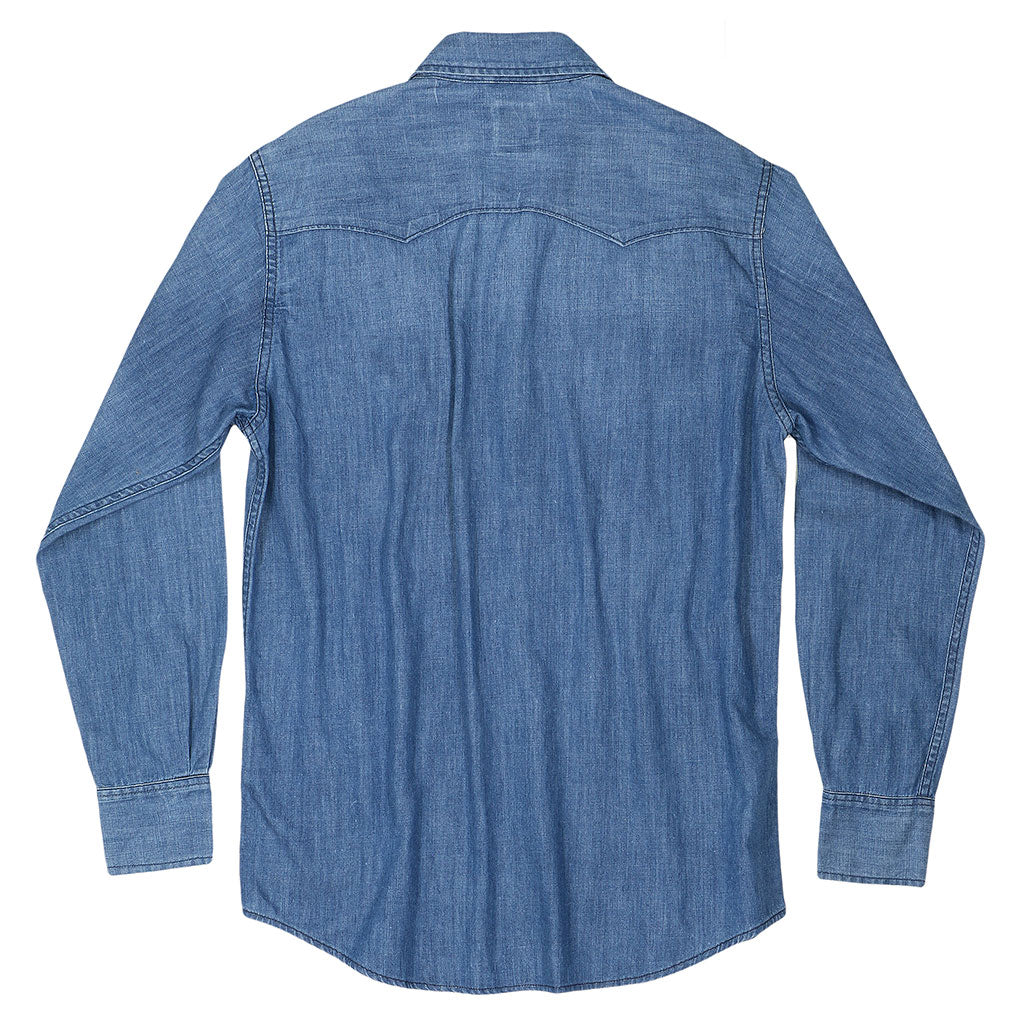 Long Sleeve Sawtooth Pocket 6.5 Denim Western Shirt Navy Stitching - Light Stone Wash #SF024