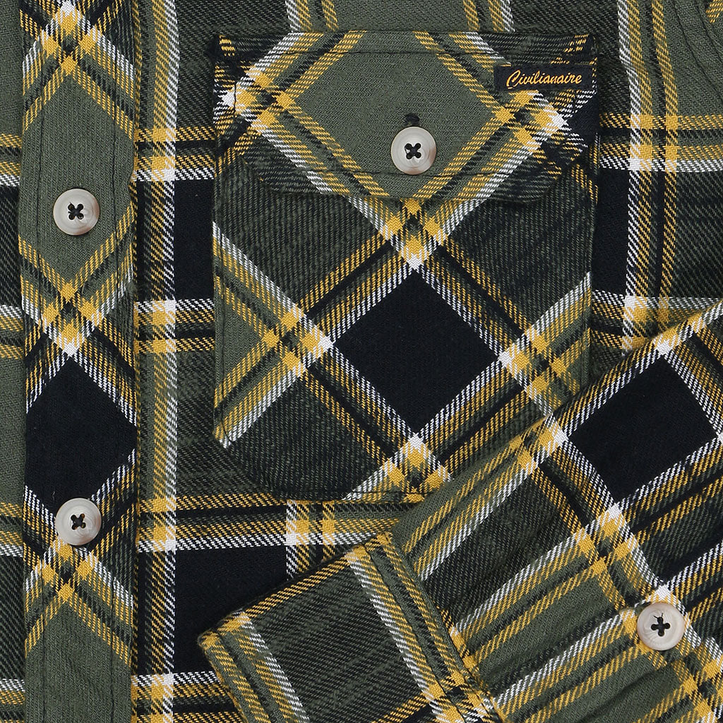 Long Sleeve 2 Notch Flap Pocket Shirt / JAPANESE COTTON Flannel - Green/Yellow