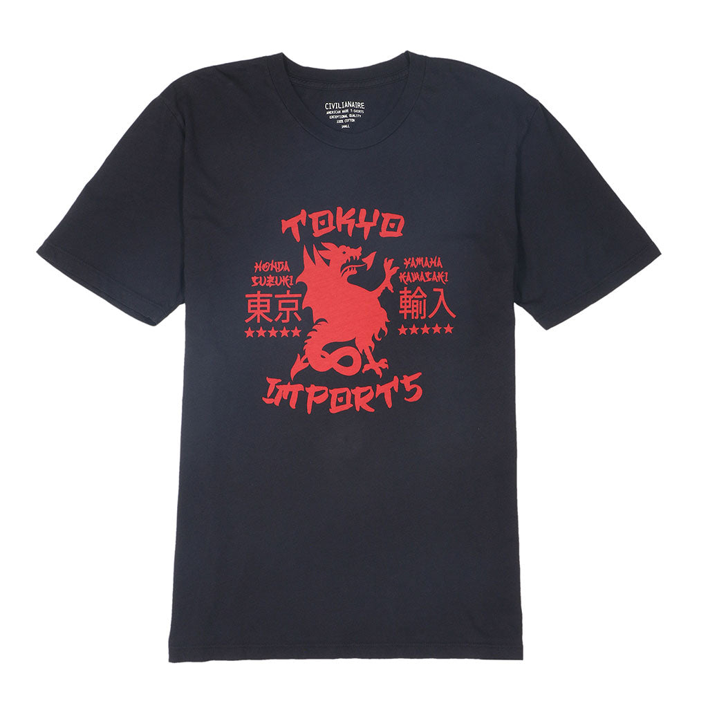 "DRAGON IMPORTS" Short Sleeve Mens Crew Neck Tee - Black Coal