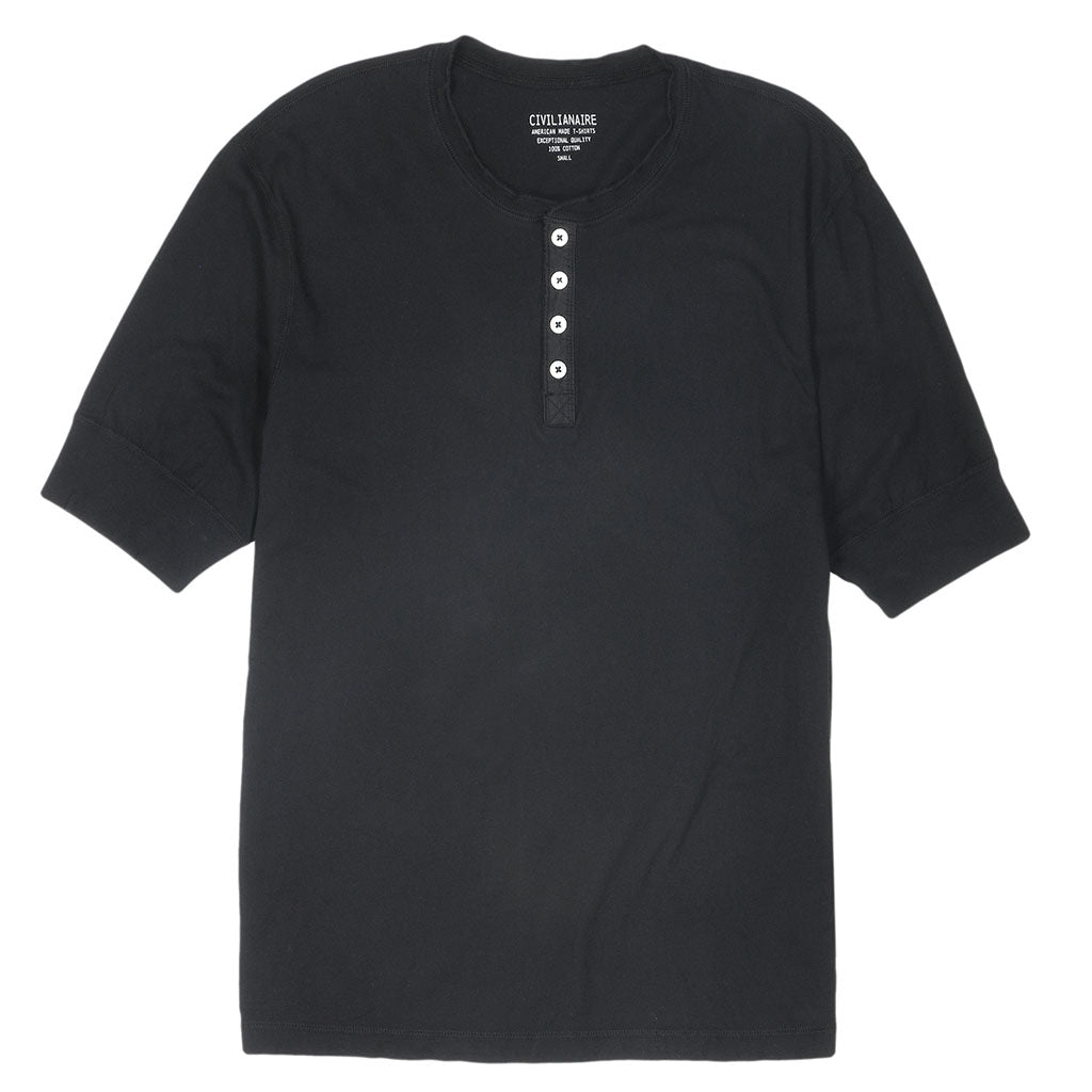 Short Sleeve Banded Henley - 40's Lightweight Cotton - Jet Black