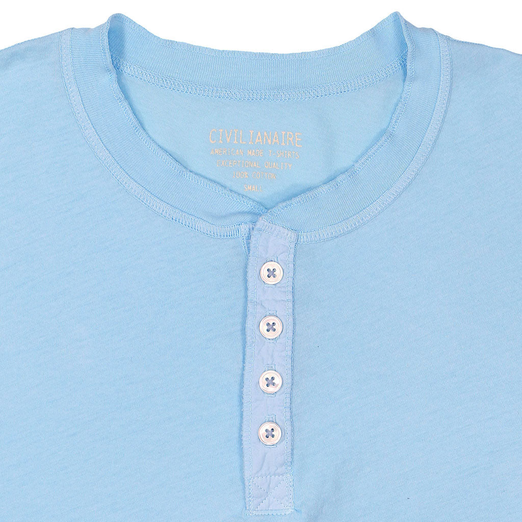 Short Sleeve Banded Henley - 40's Lightweight Cotton - Bright Blue