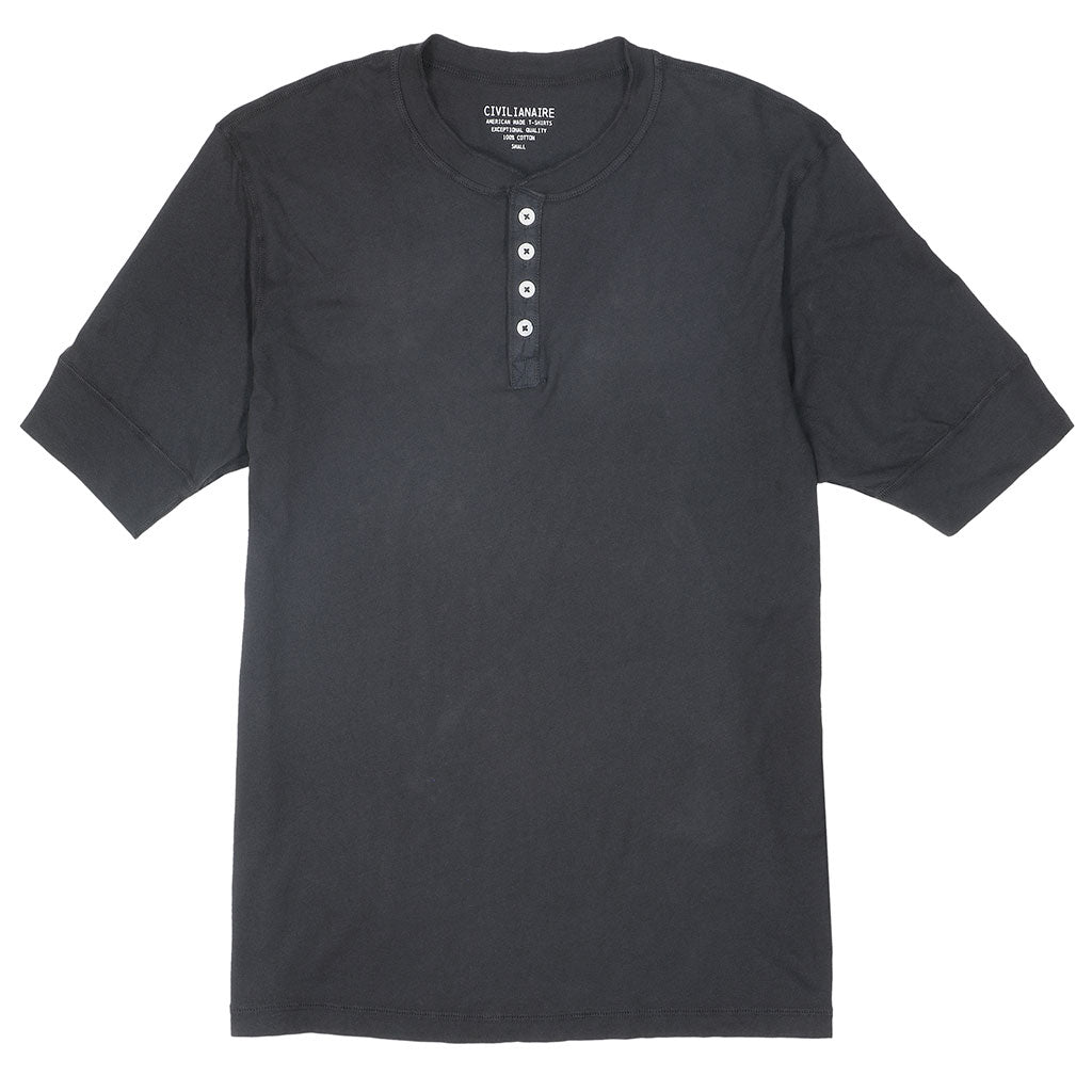 Short Sleeve Banded Henley - 40's Lightweight Cotton - Black Coal