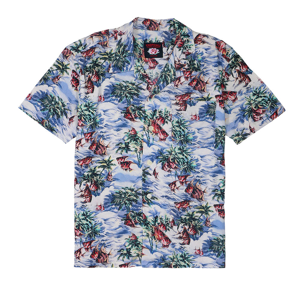 TROPICALI Short Sleeve 1-Pocket Flat Collar Hawaiian Shirt - Blue Fish