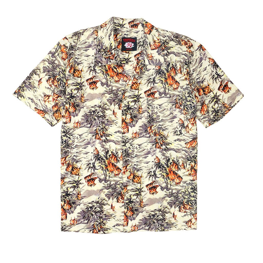 TROPICALI Short Sleeve 1-Pocket Flat Collar Hawaiian Shirt - Brown Fish