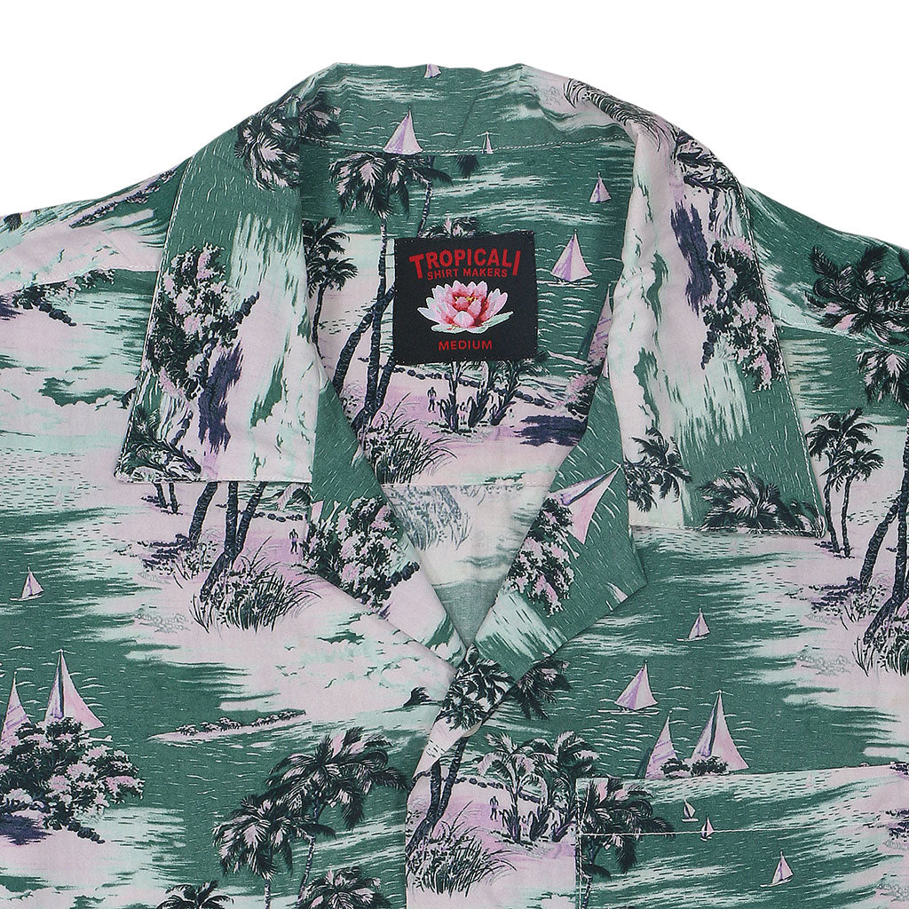 TROPICALI Short Sleeve 1-Pocket Flat Collar Hawaiian Shirt - Green Boats