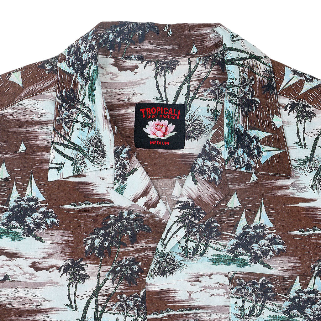 TROPICALI Short Sleeve 1-Pocket Flat Collar Hawaiian Shirt - Brown Boats