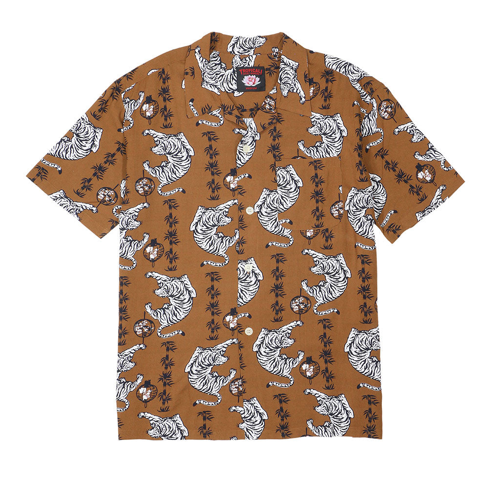 TROPICALI Short Sleeve 1-Pocket Flat Collar Hawaiian Shirt - Brown Tiger