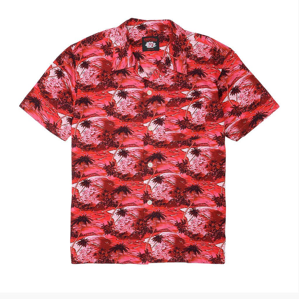 TROPICALI Short Sleeve 1-Pocket Flat Collar Hawaiian Shirt - Red Palms