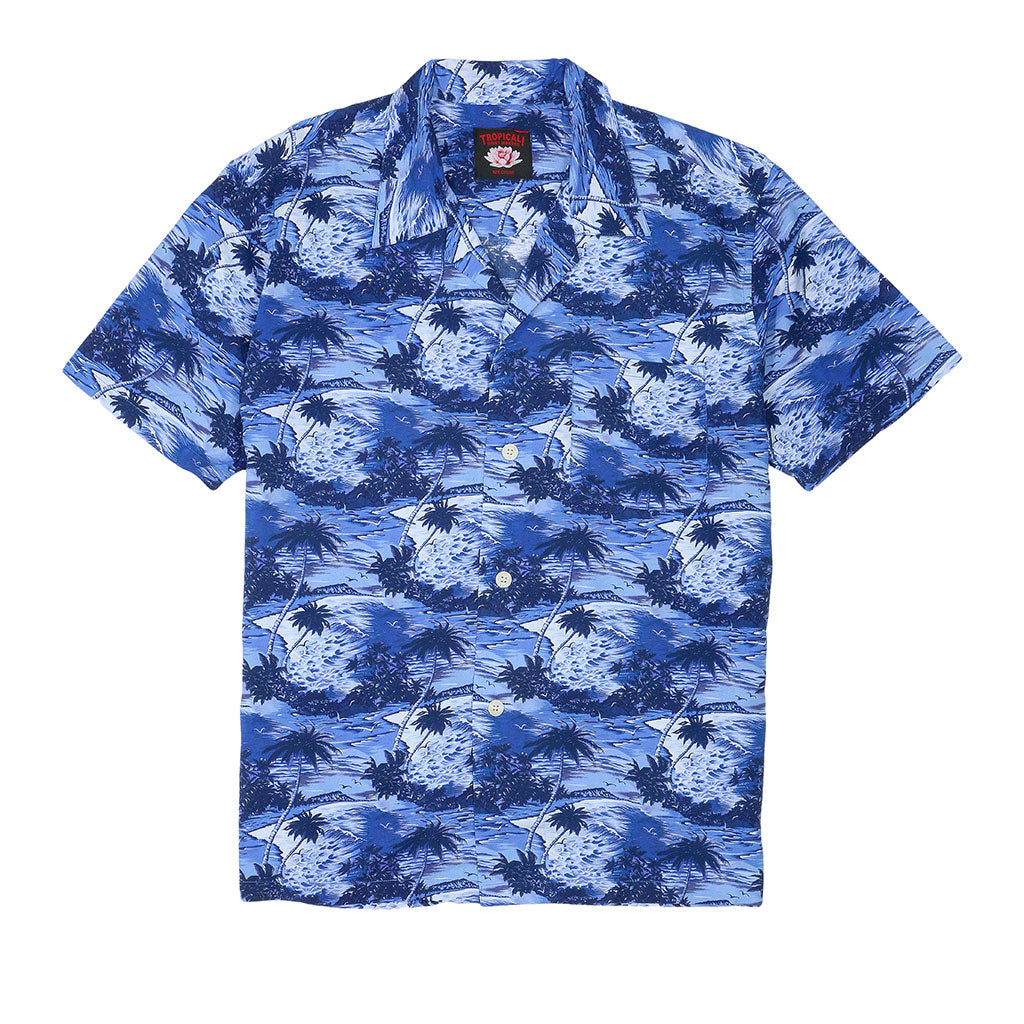 TROPICALI Short Sleeve 1-Pocket Flat Collar Hawaiian Shirt - Blue Palms