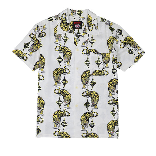 TROPICALI Short Sleeve 1-Pocket Flat Collar Hawaiian Shirt - White/ Yellow Tiger