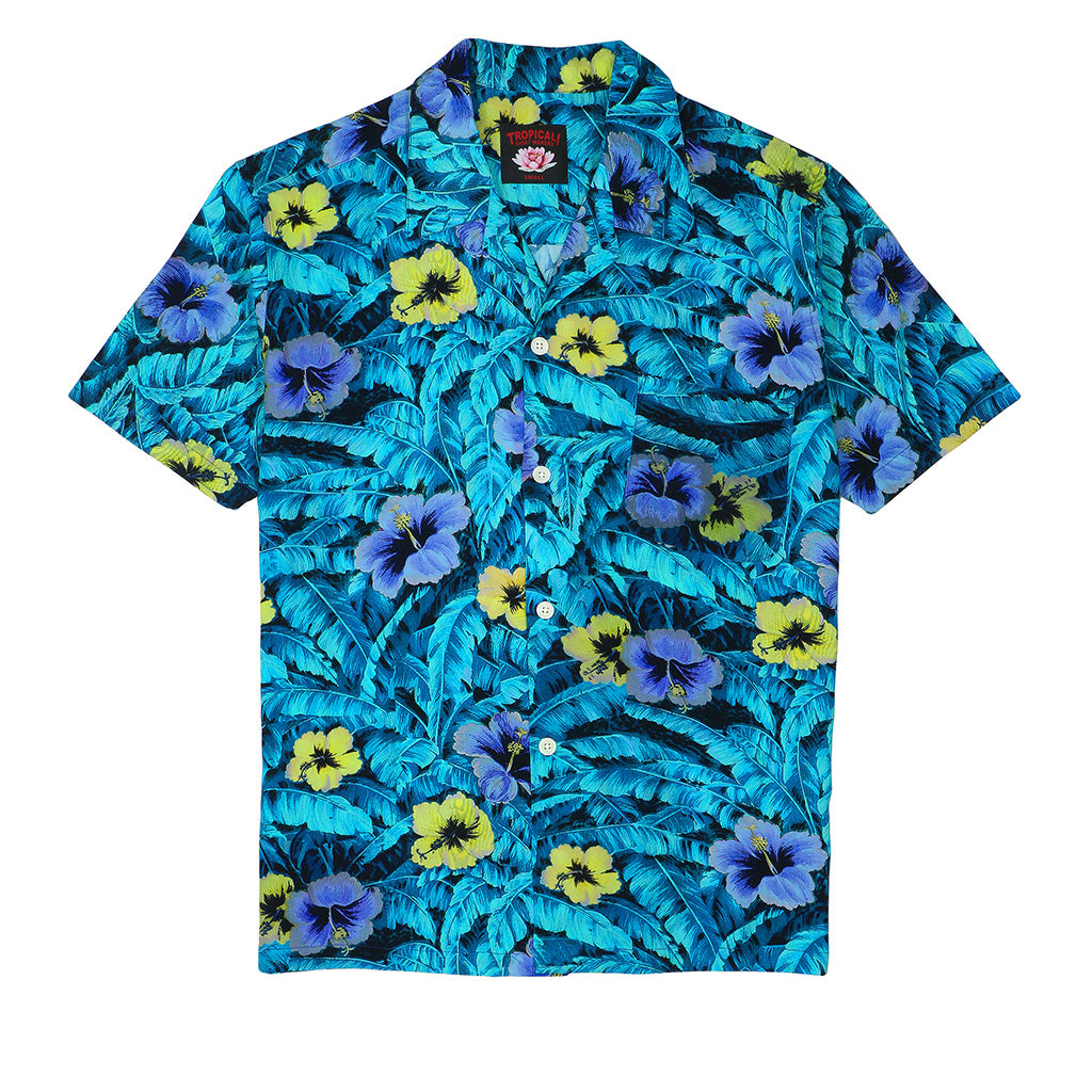 TROPICALI Short Sleeve 1-Pocket Flat Collar Hawaiian Shirt - New Flower Blue