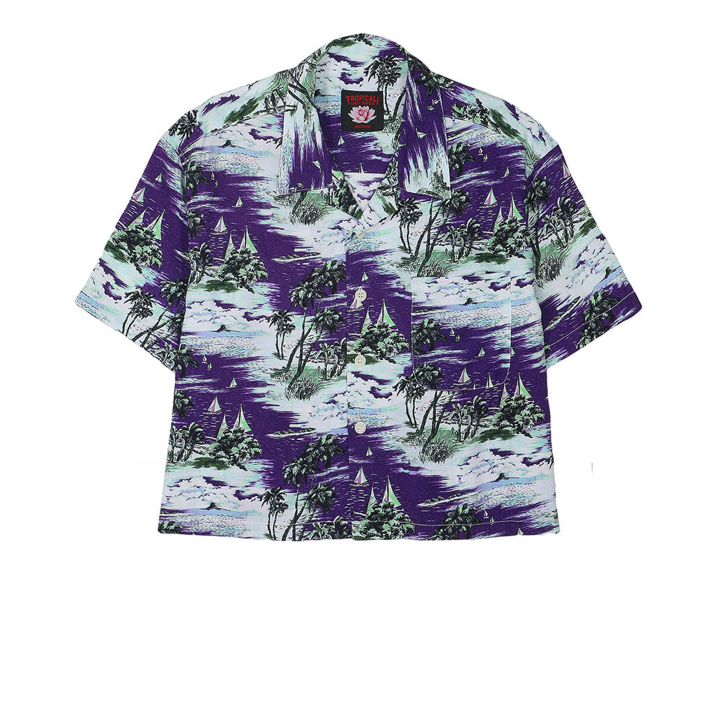 TROPICALI Womens Short Sleeve Cropped Hawaiian Shirt - Purple Boats