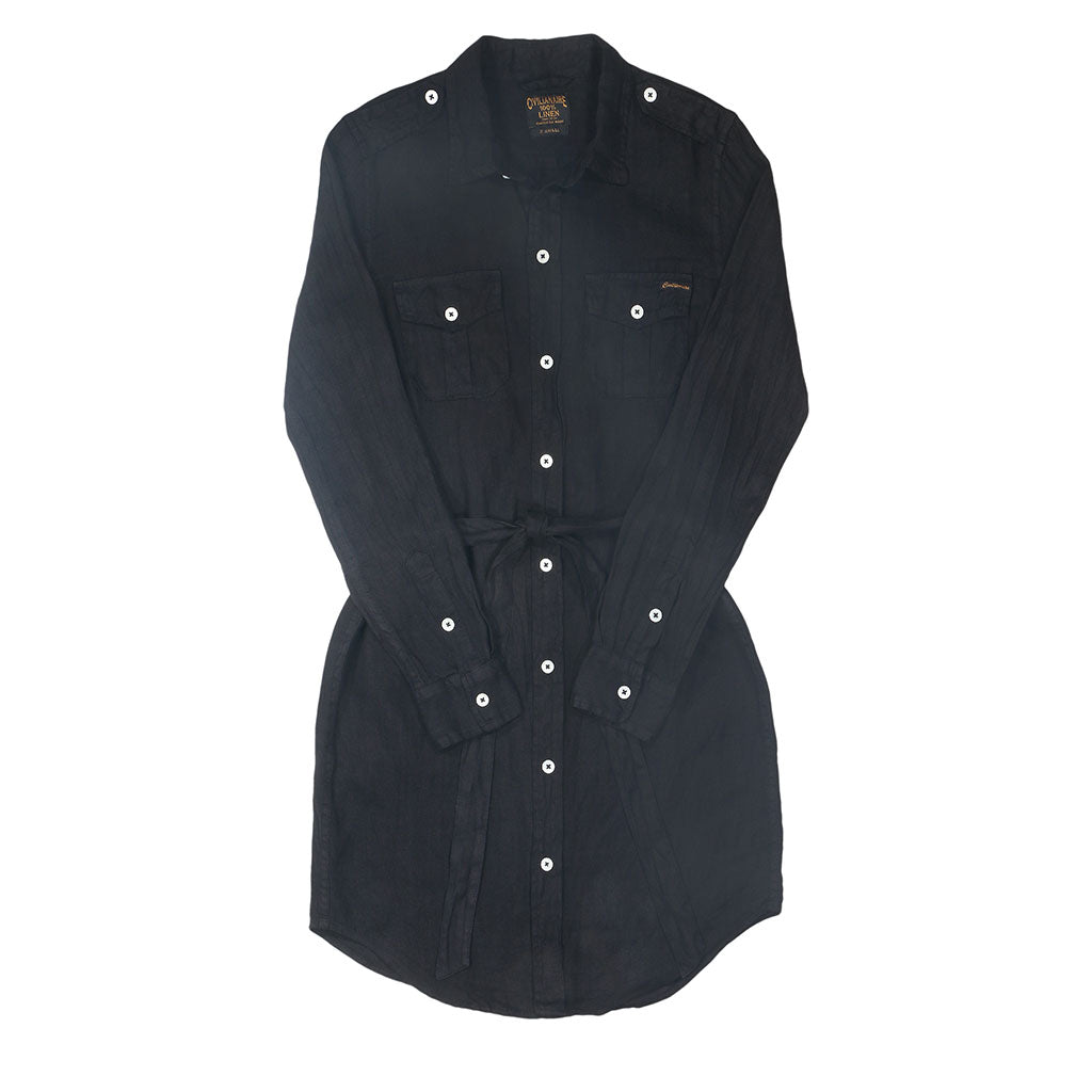 Women's Long Sleeve Officer Linen Shirt Dress Jet Black – Civilianaire