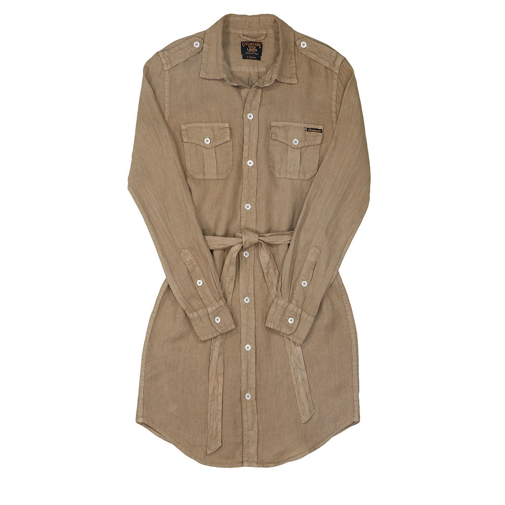 Long Sleeve Officer Linen Shirt Dress - Beaver #1035