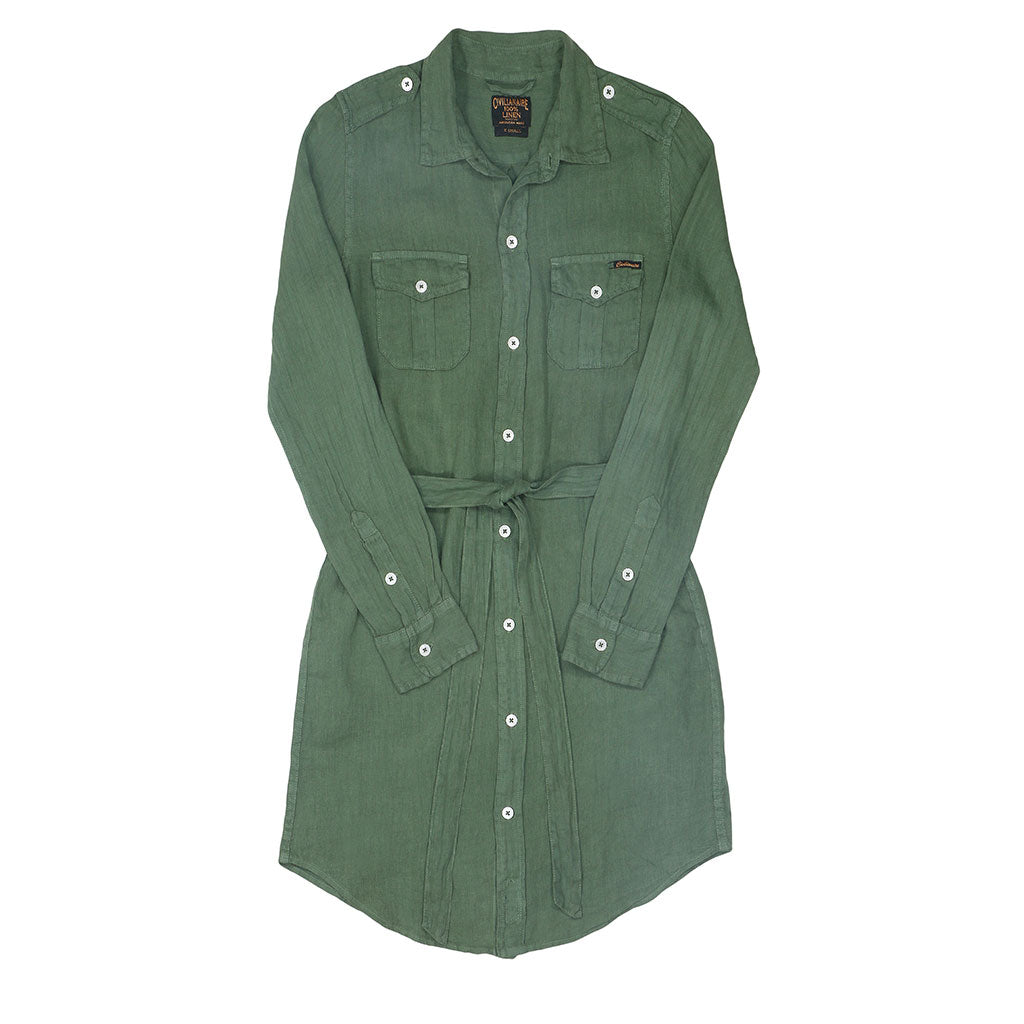 Long Sleeve Officer Linen Shirt Dress - Bottle Green