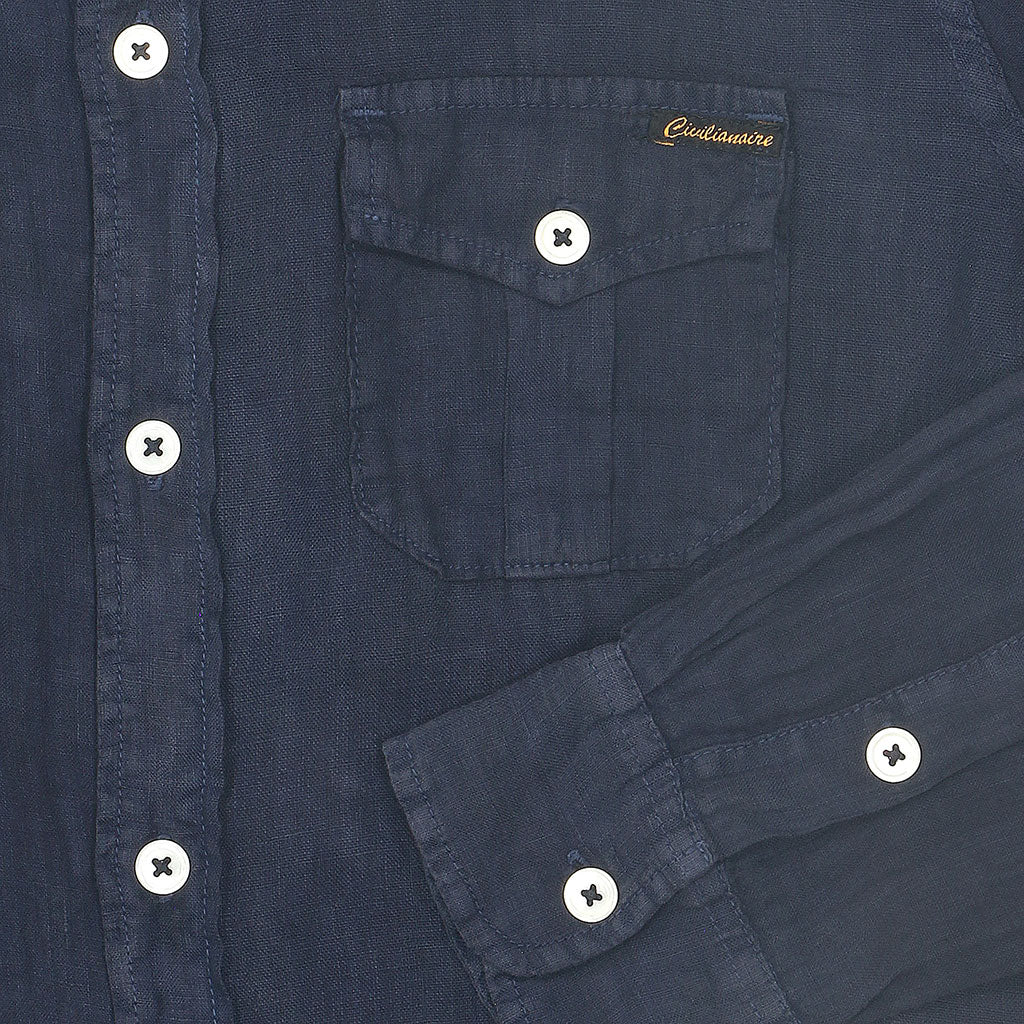 Long Sleeve Officer Linen Shirt Dress - Dark Slate Blue
