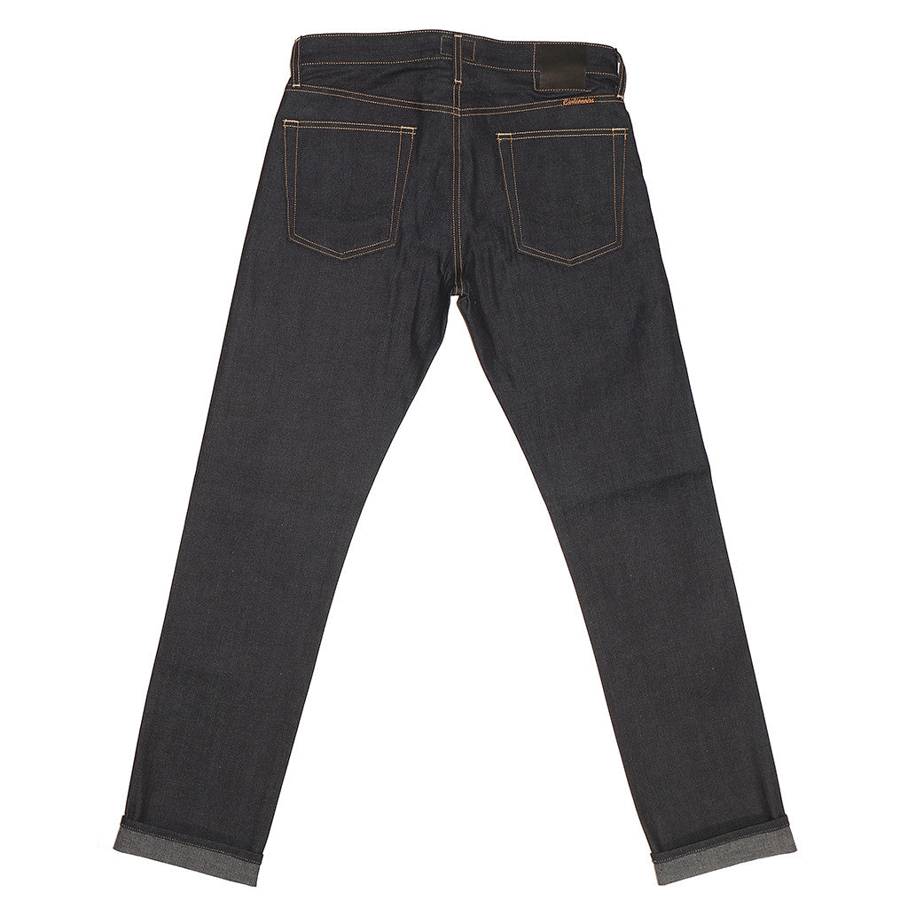 Back view of 10 oz. Slim - Indigo Grey Fill Raw Selvage Denim by Civilianaire