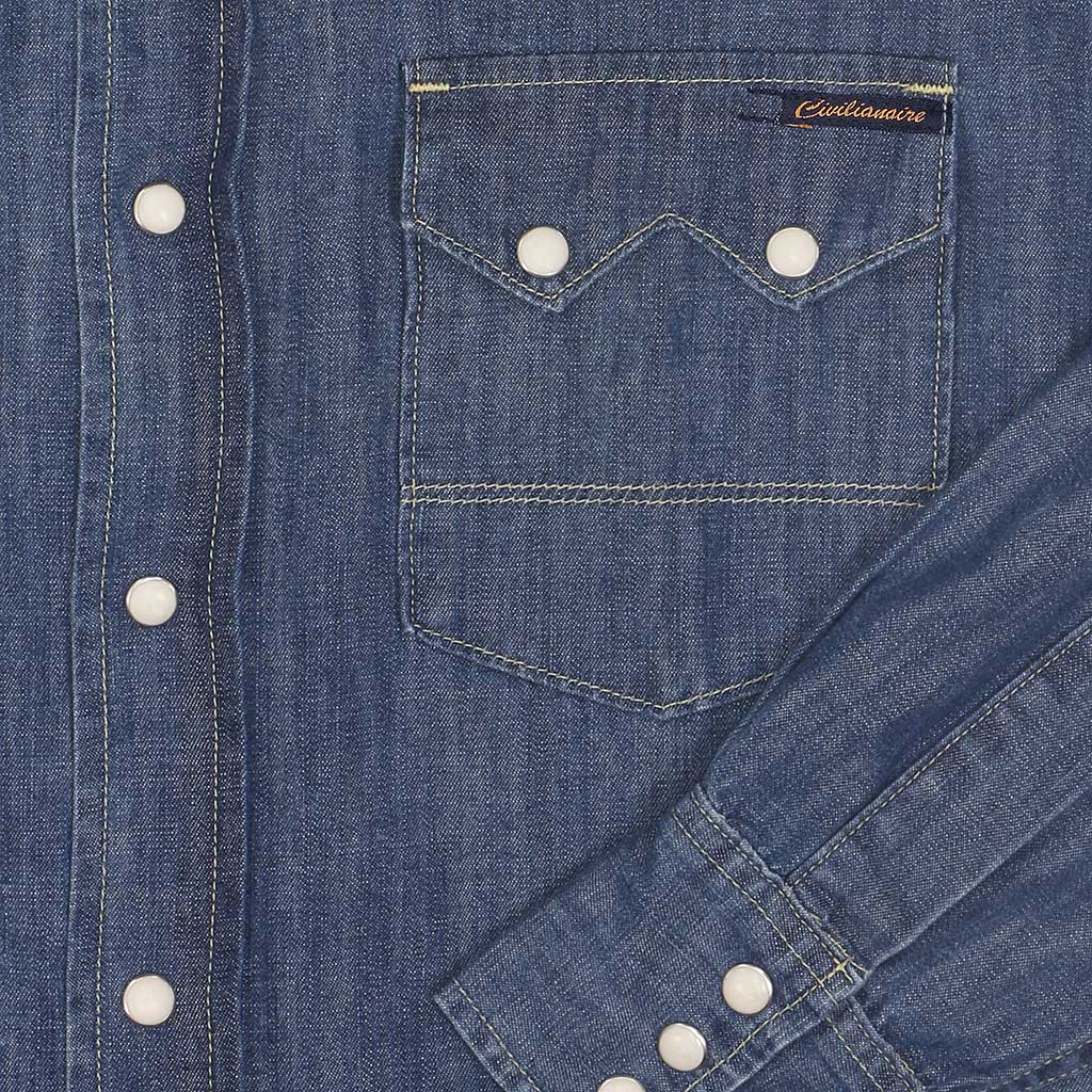 Long Sleeve Sawtooth Pocket 6.5 Denim Western Shirt - Medium Stone Wash #S011