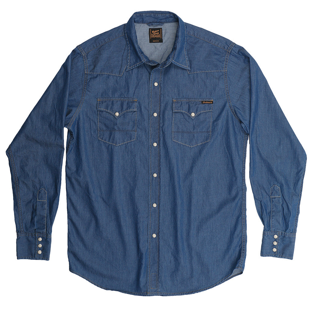 Men's Long Sleeve Western Shirt Lightweight Denim - Indigo Medium Wash