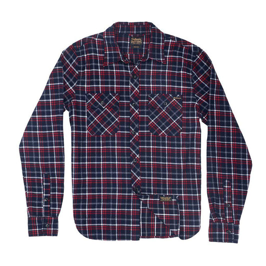 Long Sleeve Notch Flap Shirt Lightweight Flannel Plaid - Navy/Red/White