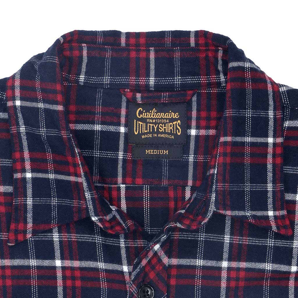 Long Sleeve Notch Flap Shirt Lightweight Flannel Plaid - Navy/Red/White