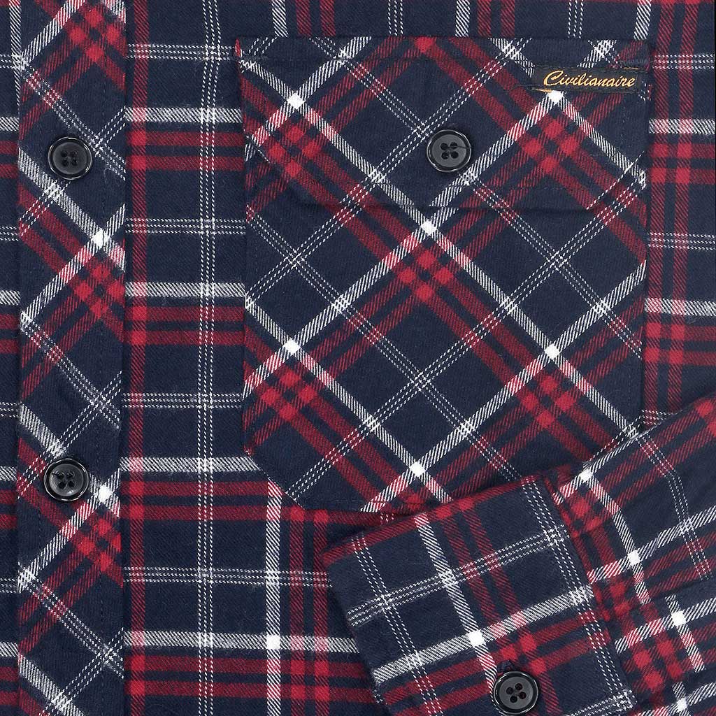 Long Sleeve Notch Flap Shirt Lightweight Flannel Plaid - Navy/Red/White