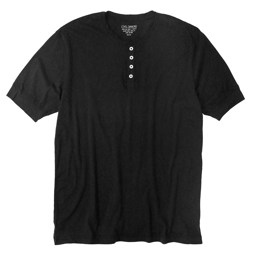 Short Sleeve Banded Henley - Cotton - Jet Black