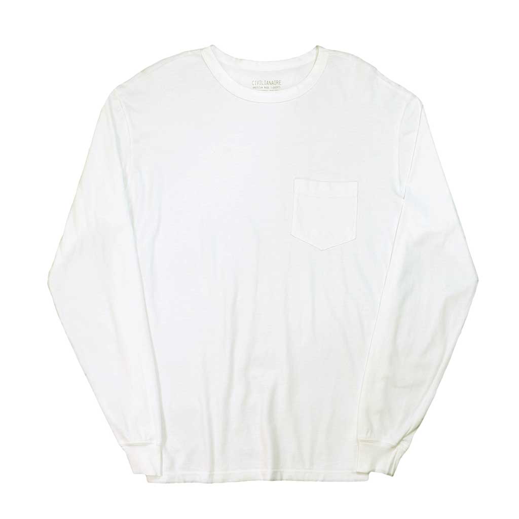 Crew Neck Long Sleeve 1 Pocket Tee - White