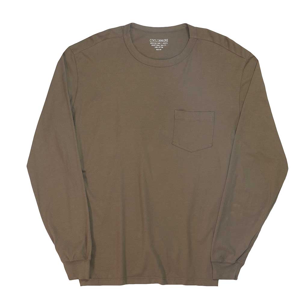 Crew Neck Long Sleeve 1 Pocket Tee - Soft Oak