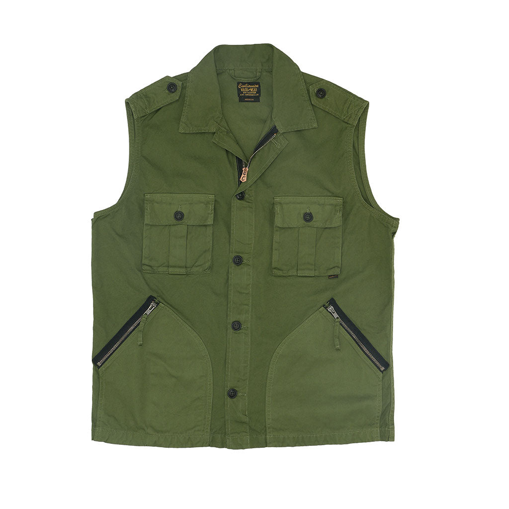 Men's 4 Pocket Herringbone Cotton Officer Zip Vest - Platoon Olive