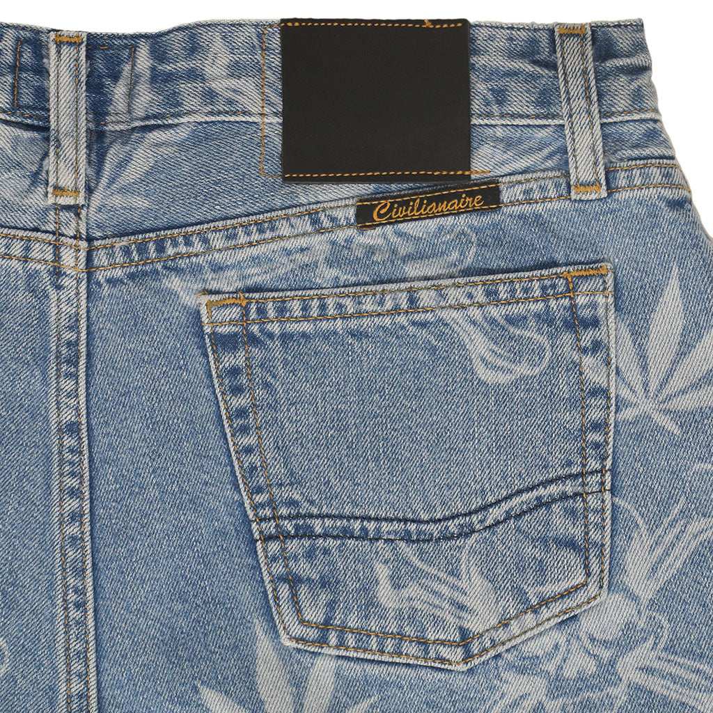 5 pocket Cut-Off Boyfriend 10.5 oz Shorts - Med WASH - LASER SKULL & LEAF PRINT