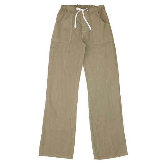 Button Drawstring Linen Pants 2 Front Patch Pockets - New Khaki