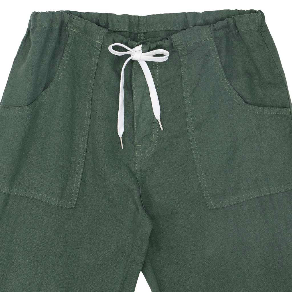Button Drawstring Linen Pants 2 Front Patch Pockets - Old Olive