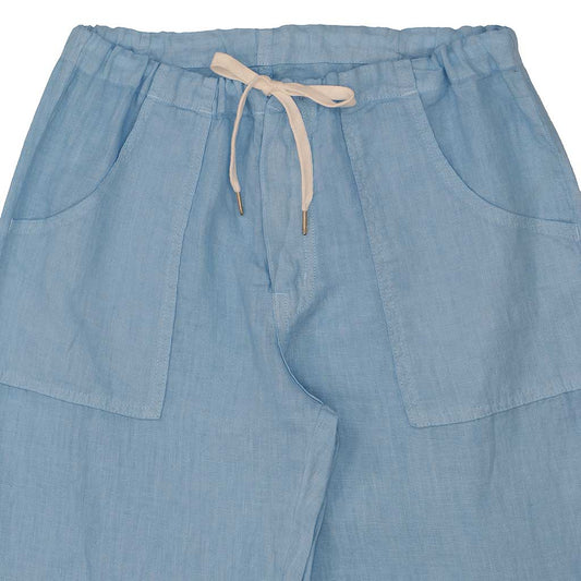 Button Drawstring Linen Pants 2 Front Patch Pockets - Light Baby Blue