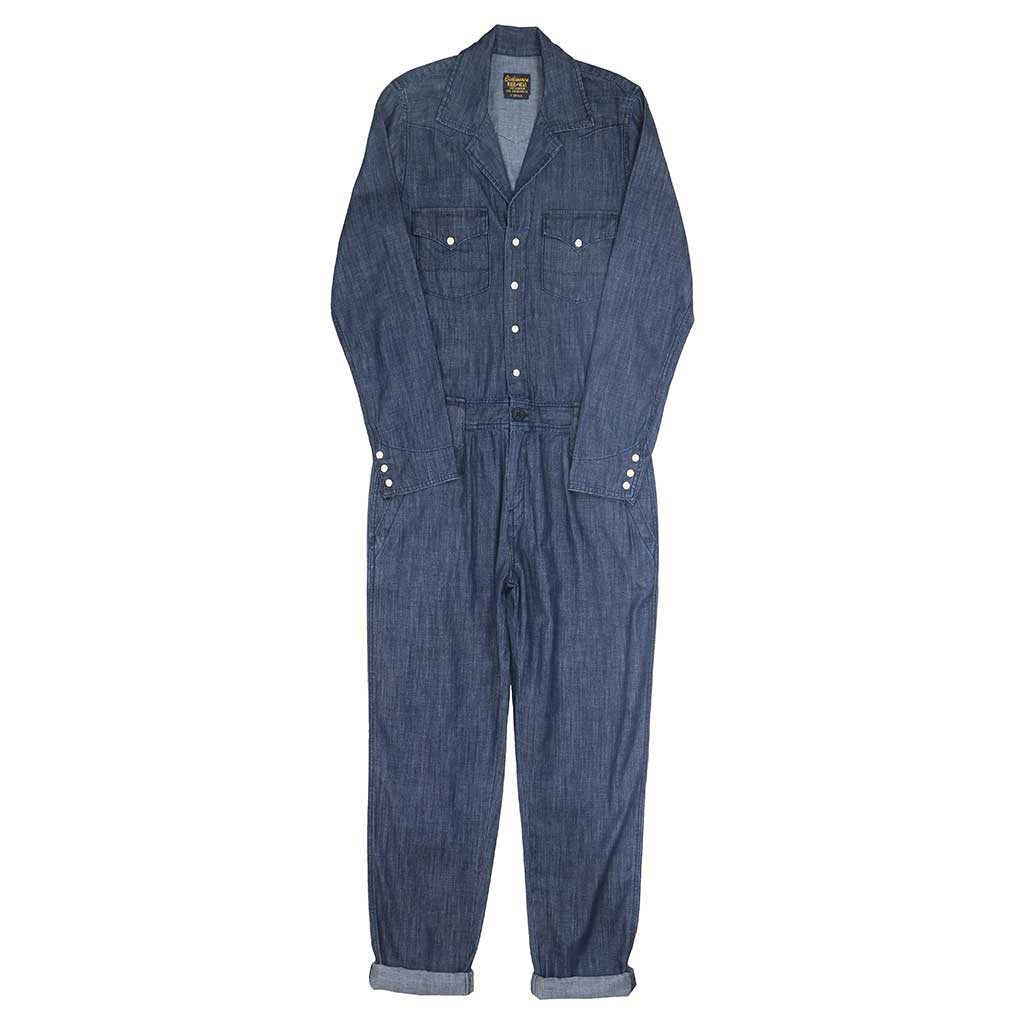 6.5oz. Lightweight Indigo Denim Western Jumpsuit  - Dark. Stone Wash