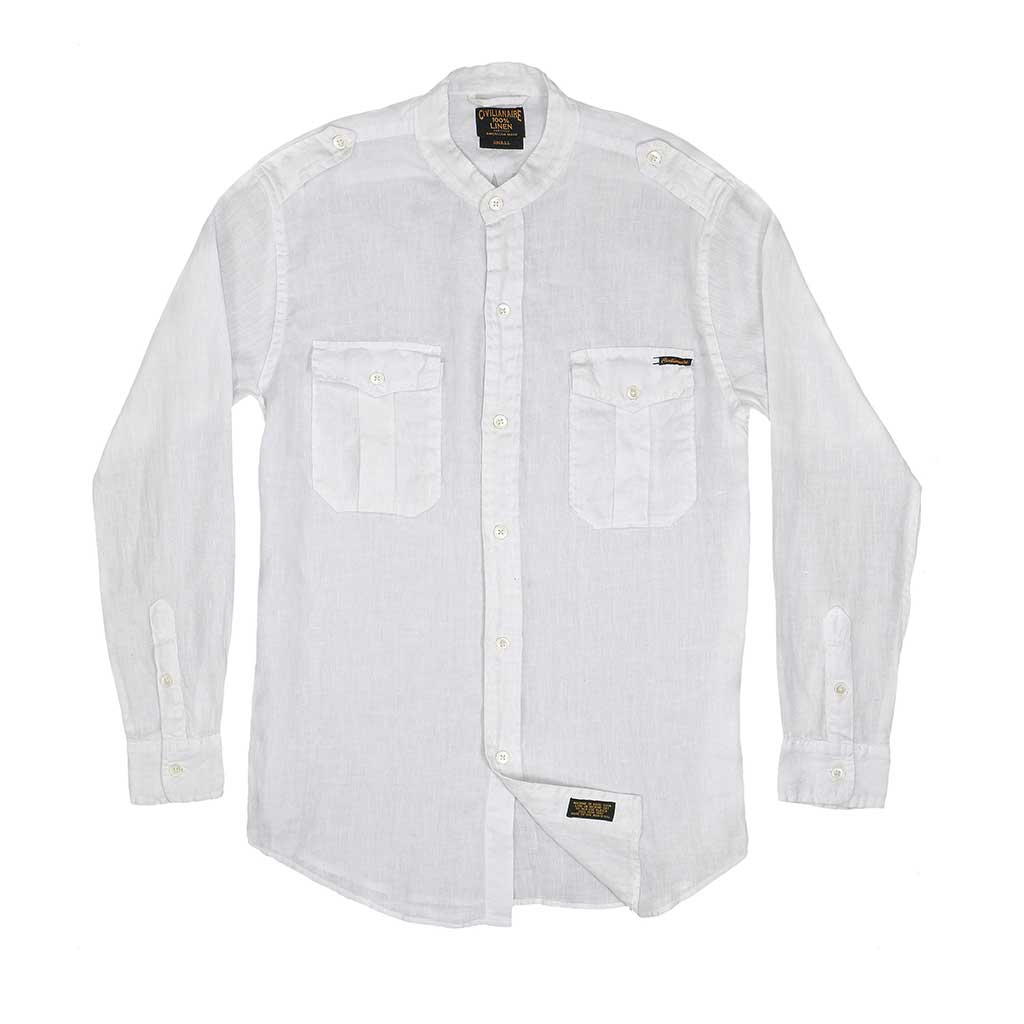 Long Sleeve COLLARLESS Officer Linen Shirt - White