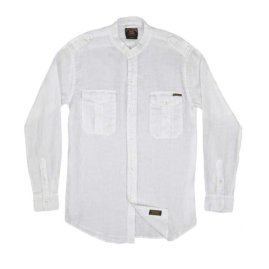 Long Sleeve COLLARLESS Officer Linen Shirt - White