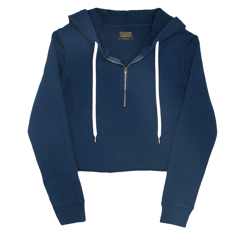 Long Sleeve 8" Half Zip-Front Cropped Fleece Hoodie - Navy Blue