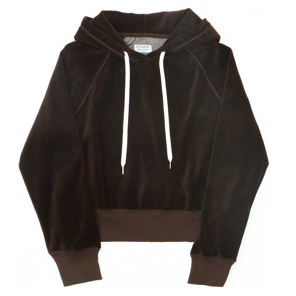 Long Sleeve Cropped Velour Hoodie - Chocolate