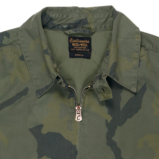 Zip Front Cotton Sateen Print Cliff Jacket - Camo Olive