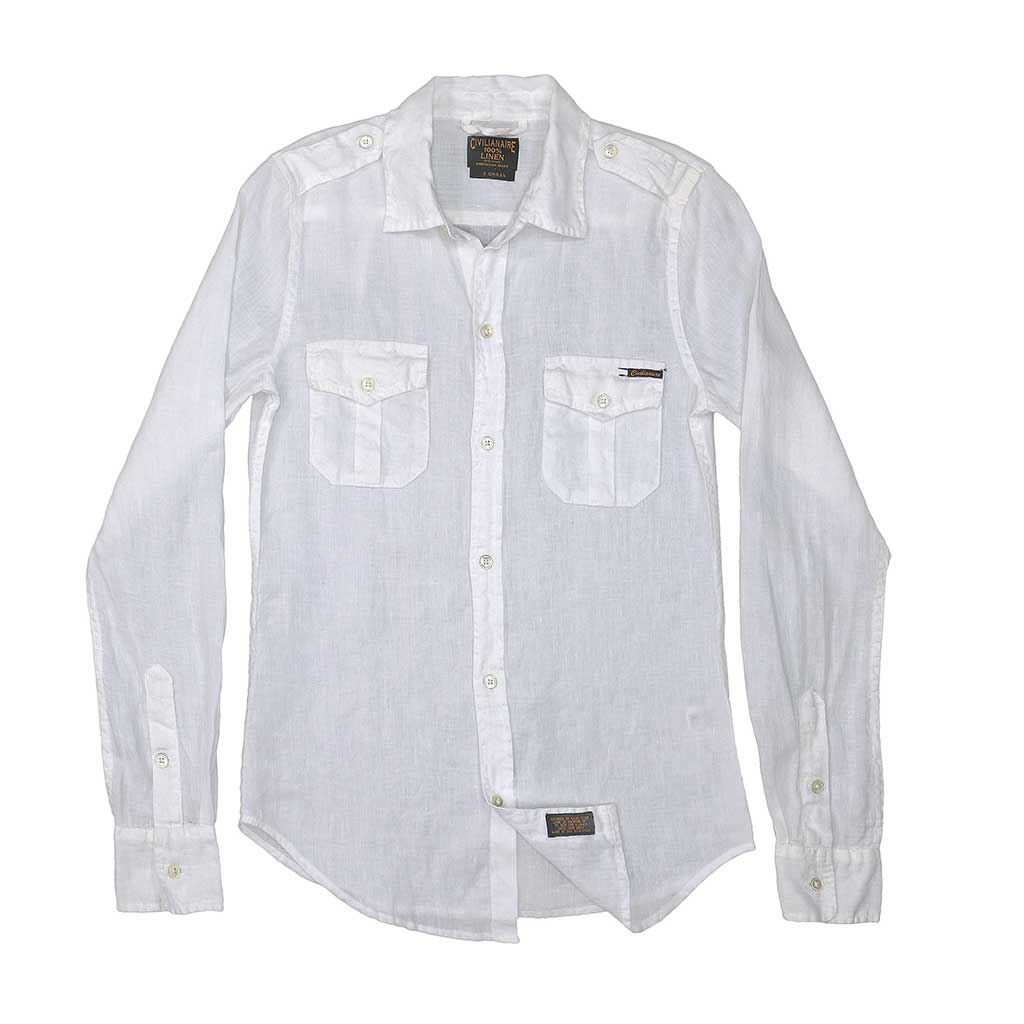 Long Sleeve Officer Linen Shirt - White