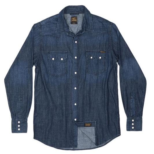 Long Sleeve Sawtooth Pocket 6.5 Denim Western Shirt Navy Stitching - Dark Stone Wash #SF022