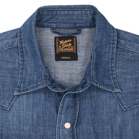 Long Sleeve Sawtooth Pocket 6.5 Denim Western Shirt Navy Stitching - Medium Stone Wash #SF023