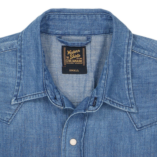 Long Sleeve Sawtooth Pocket 6.5 Denim Western Shirt Navy Stitching - Light Stone Wash #SF024